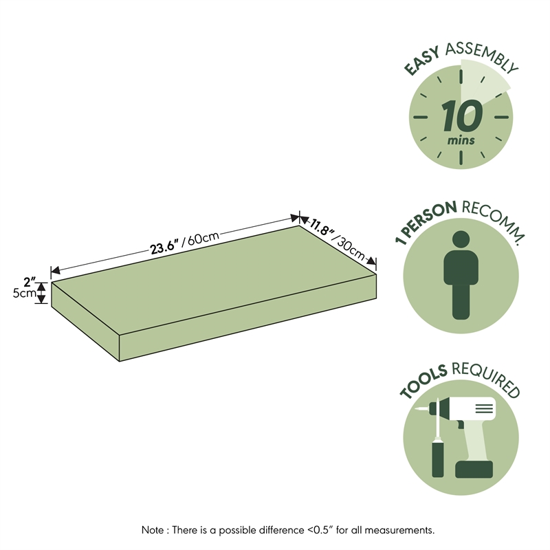 Furinno TANNA 12 x 24 2-in Thick Invisible Brackets Floating Shelves White