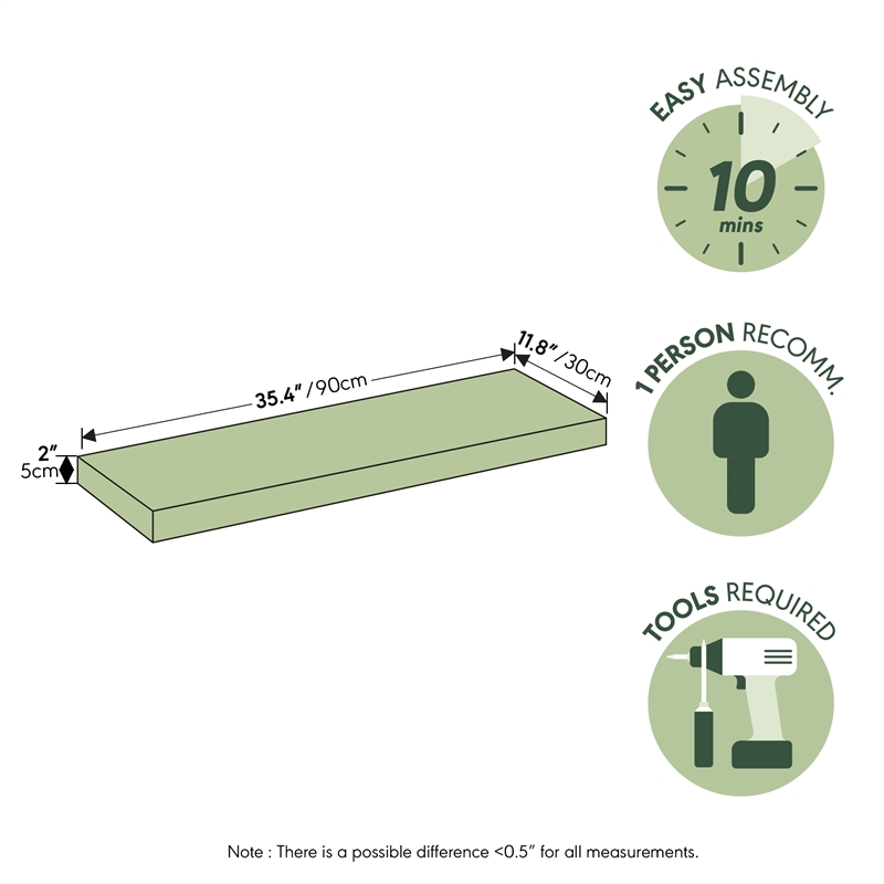 Furinno TANNA 12 x 35 2-in Thick Invisible Brackets Floating Shelves Retro Brown