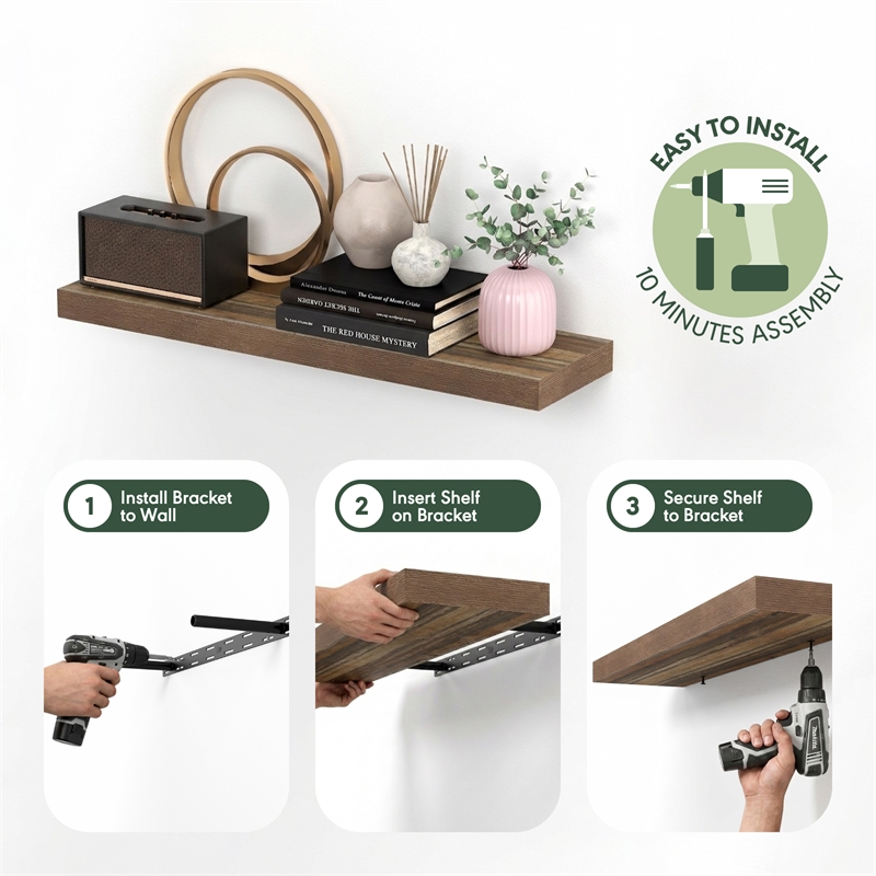 Furinno TANNA 12 x 35 2-in Thick Invisible Brackets Floating Shelves Retro Brown