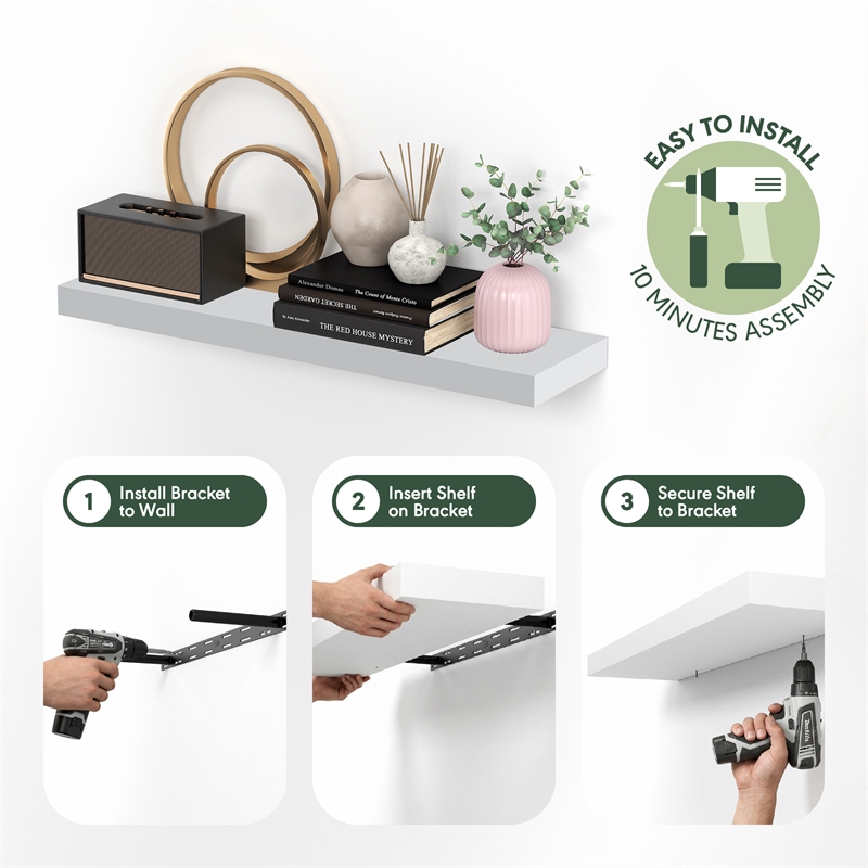 Furinno TANNA 12 x 35 2-in Thick Invisible Brackets Floating Shelves White