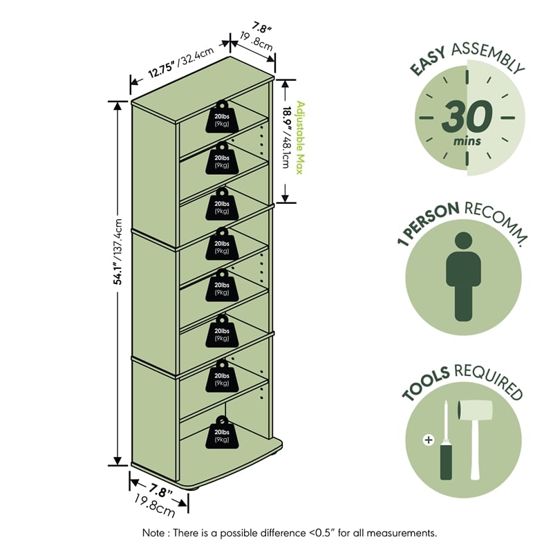 Furinno JAYA DVD 8-Tier Tall AdJUSTable Shelves Narrow Media Shelf Amber Pine