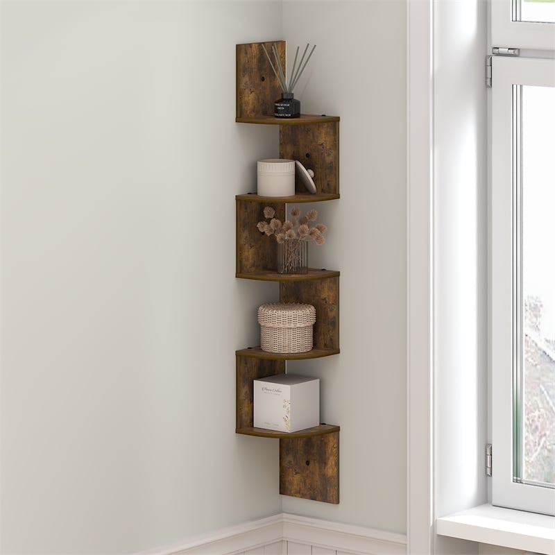 Furinno ROSSI 5-Tier Zigzag Corner Shelf Wall Mounted Amber Pine
