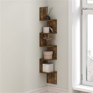 Furinno ROSSI 5-Tier Zigzag Corner Shelf Wall Mounted Amber Pine