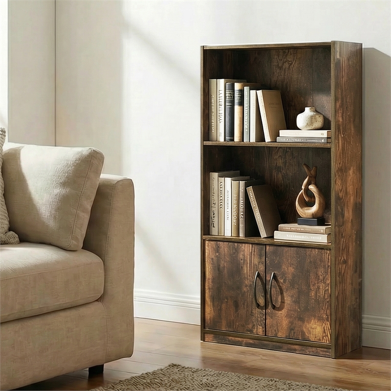 Furinno GRUEN 3-Tier Open Shelf and Doors Bookcase 9.3 x 21.8 x 39.5 Amber Pine