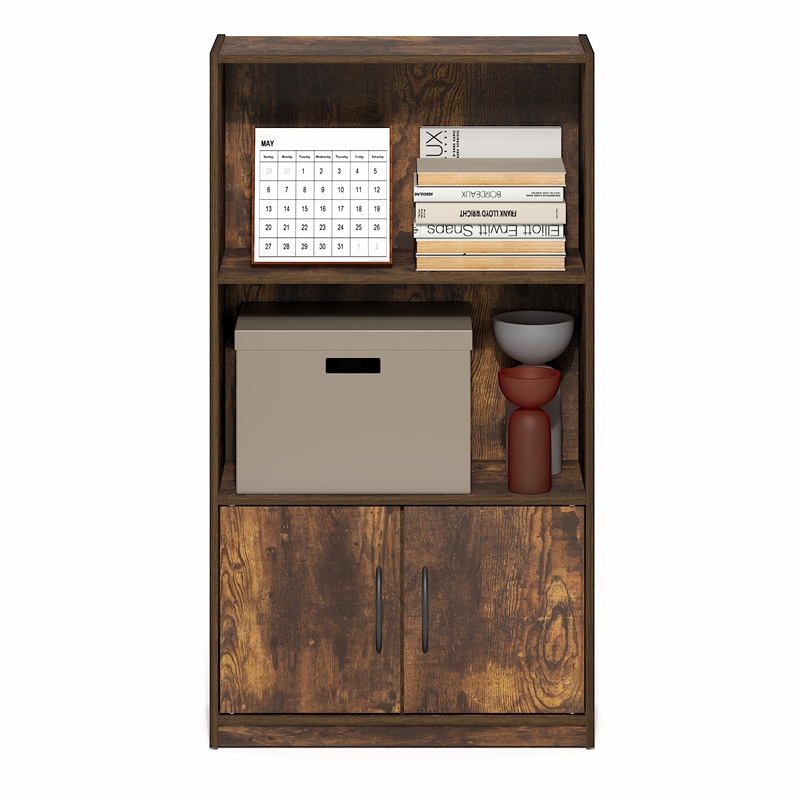 Furinno GRUEN 3-Tier Open Shelf and Doors Bookcase 9.3 x 21.8 x 39.5 Amber Pine