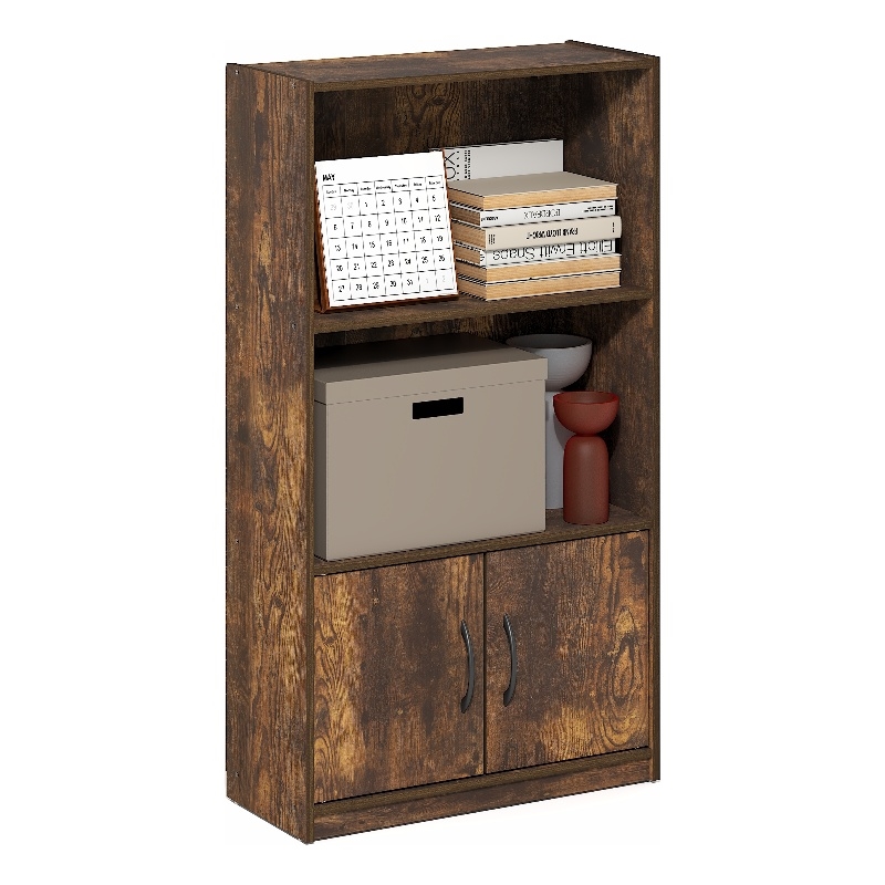 Furinno GRUEN 3-Tier Open Shelf and Doors Bookcase 9.3 x 21.8 x 39.5 Amber Pine