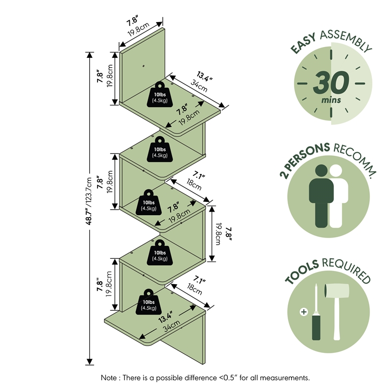 Furinno ROSSI 5-Tier Corner S-shape Radial Floating Bookshelf Amber Pine