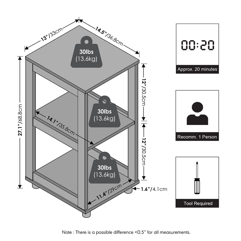 Furinno ROMAIN 2-Tier Tall Open Shelf Nightstand Espresso