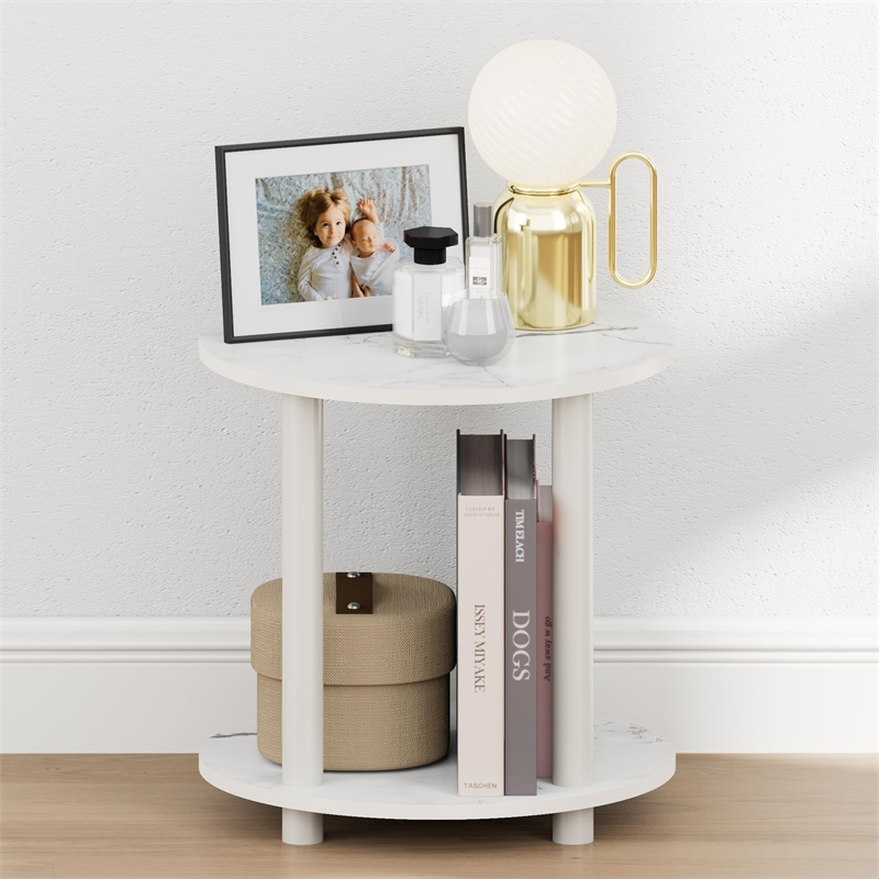 Furinno TURN-N-TUBE 2-Tier Small Round Toolless Nightstand Marble White