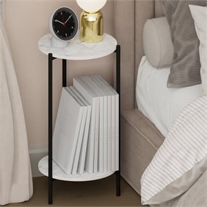 Furinno BESI 2-Tier Tall Metal Legs Round Open Shelf Nightstand Marble White