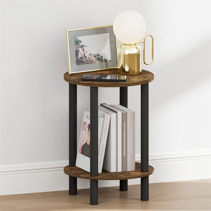 Furinno TURN-N-TUBE 2-Tier Round Tall Narrow Open Shelf Nightstand Amber Pine