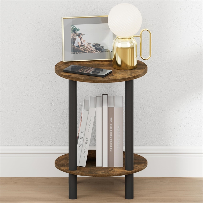 Furinno TURN-N-TUBE 2-Tier Round Tall Narrow Open Shelf Nightstand Amber Pine