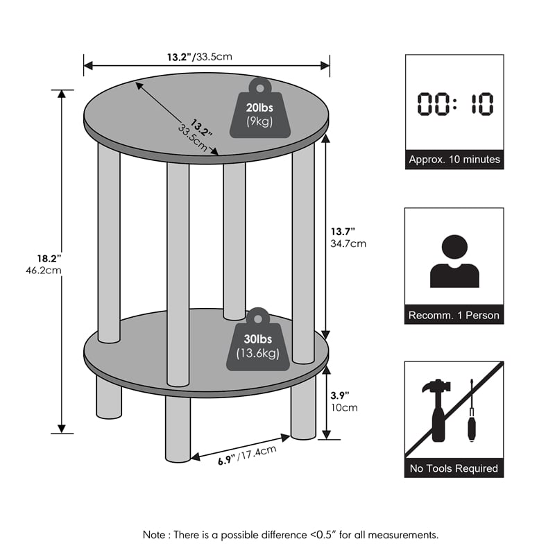 Furinno TURN-N-TUBE 2-Tier Round Tall Narrow Open Shelf Nightstand Espresso