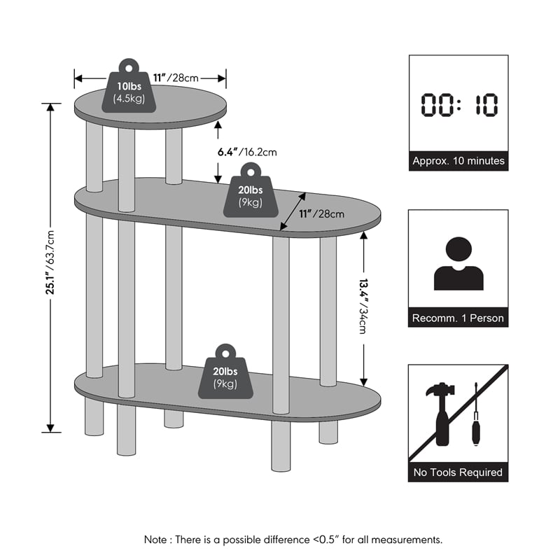 Furinno TURN-N-TUBE 3-Tier Oval Sofa Open Shelf Narrow Nightstand Espresso