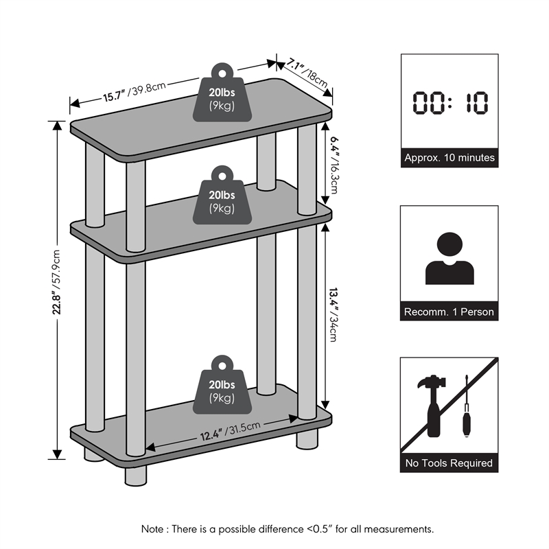 Furinno TURN-N-TUBE 3-Tier Rectangular Narrow Nightstand White