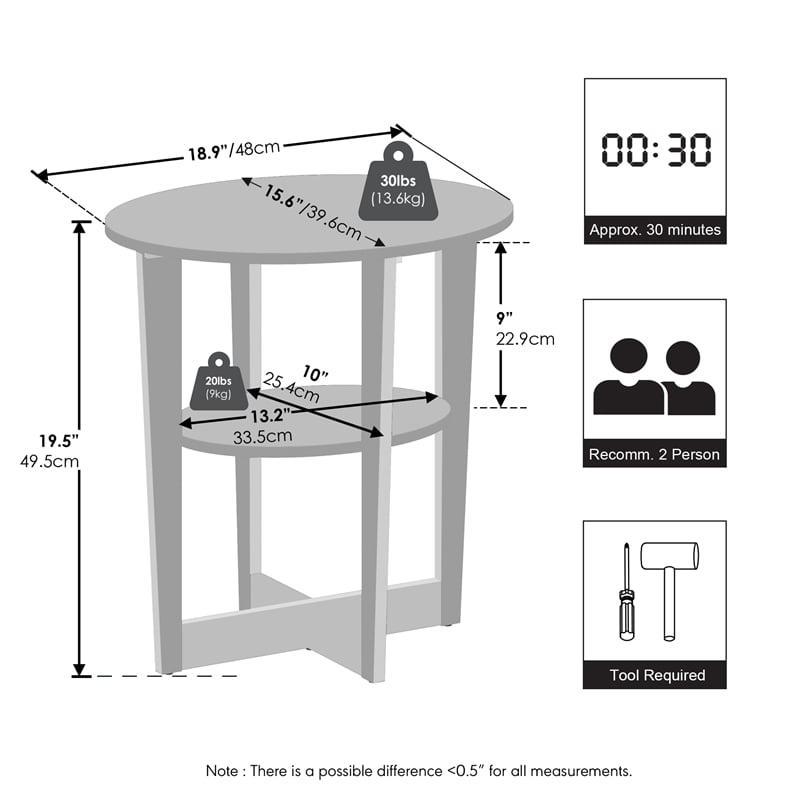 Furinno TIDUR 2-Tier Oval Round Edge Nightstand White