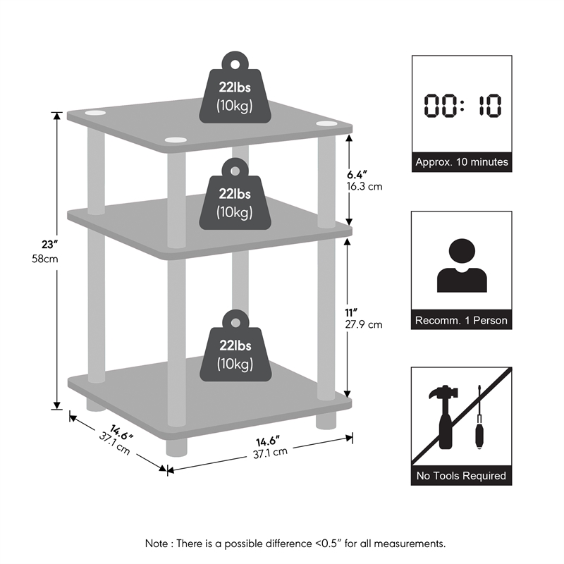 Furinno TURN-N-TUBE 3-Tier Open Shelves Nightstand Side Table Espresso