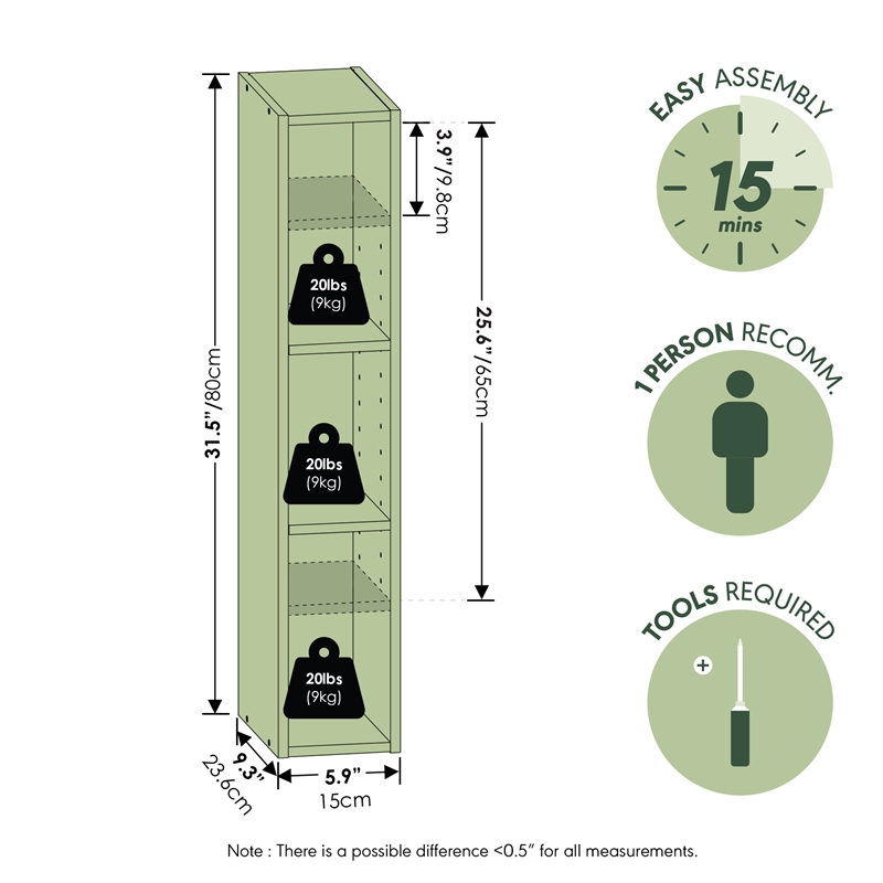 Furinno FULDA 3-Tier Narrow 6-In Width Bookcase 9.3 x 5.9 x 31.5 White