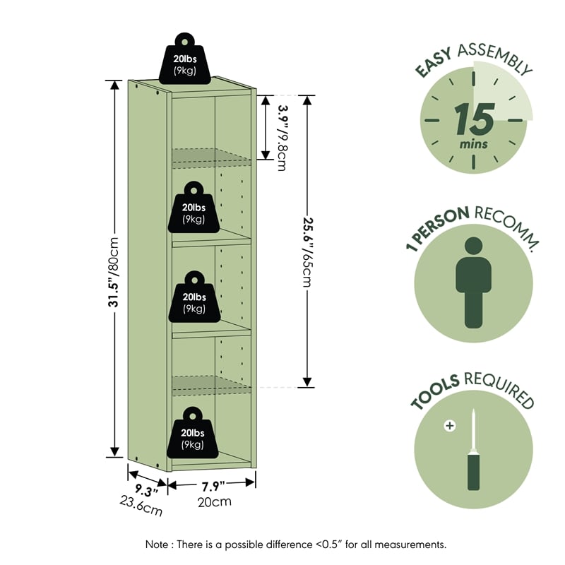 Furinno FULDA 3-Tier Narrow 8-In Width Bookcase 9.3 x 7.9 x 31.5 Blackwood