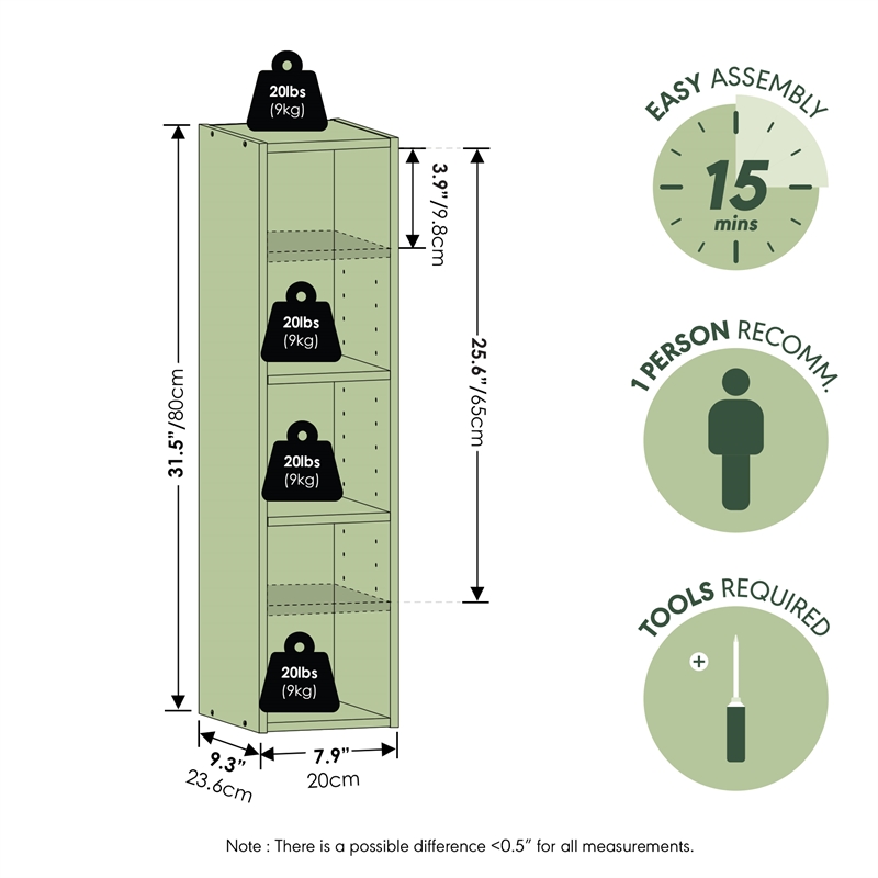 Furinno FULDA 3-Tier Narrow 8-In Width Bookcase 9.3 x 7.9 x 31.5 White