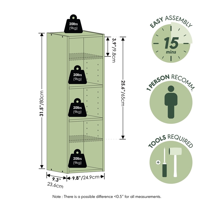 Furinno FULDA 3-Tier 10-In Width Narrow Bookcase 9.3 x 9.8 x 31.5 White