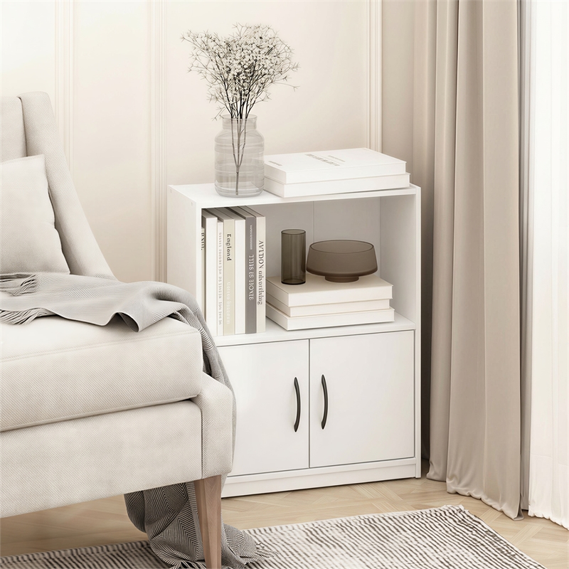 Furinno GRUEN 2-Tier Small Bookcase with Doors 9.3 x 21.8 x 27 White