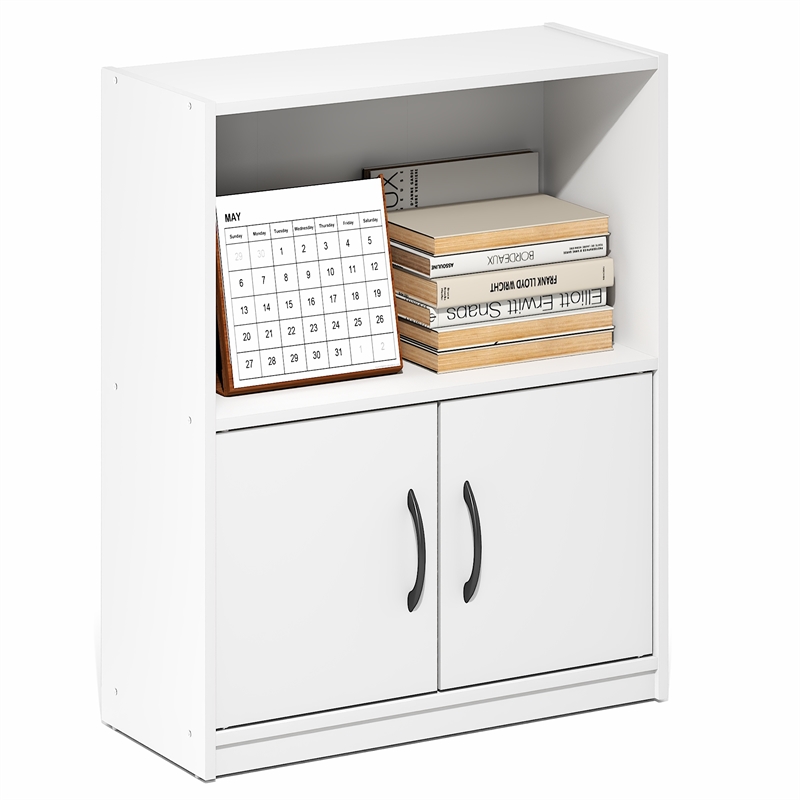 Furinno GRUEN 2-Tier Small Bookcase with Doors 9.3 x 21.8 x 27 White