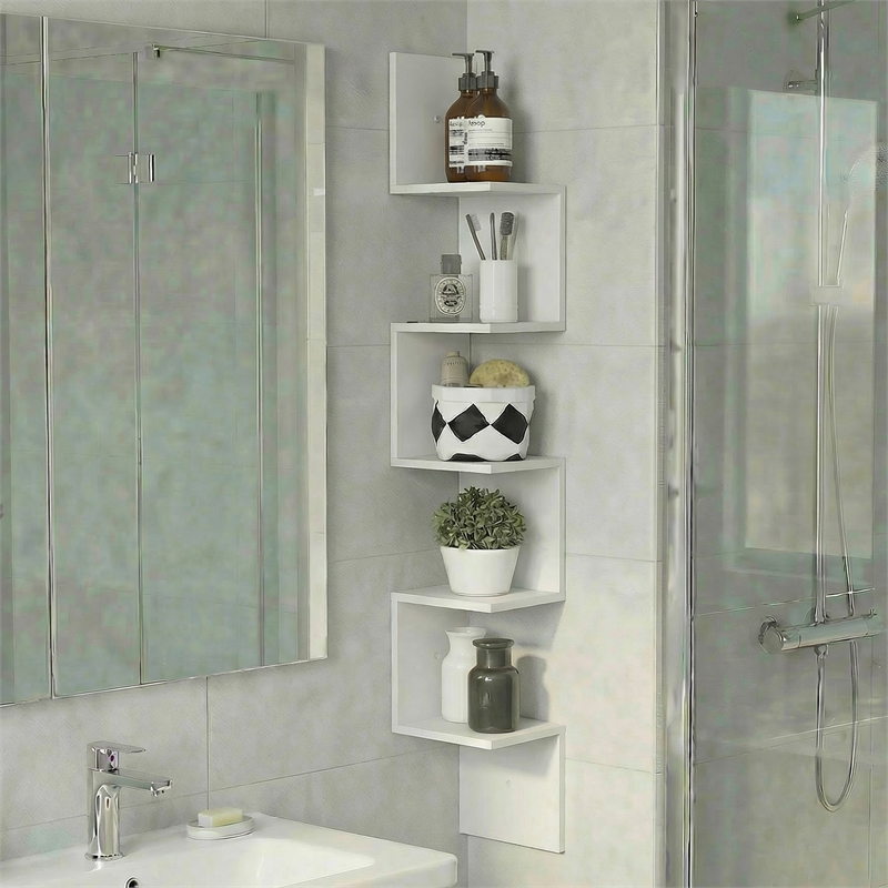 Furinno ROSSI 5-Tier Corner S-shape Radial Floating Bookshelf White