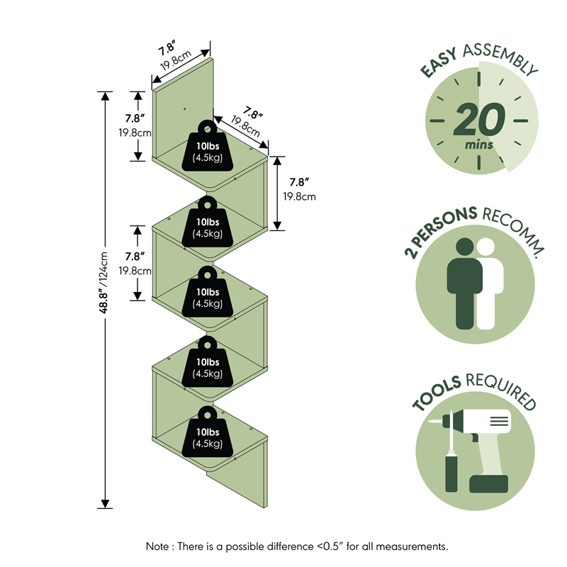 Furinno ROSSI 5-Tier Corner S-shape Radial Floating Bookshelf White