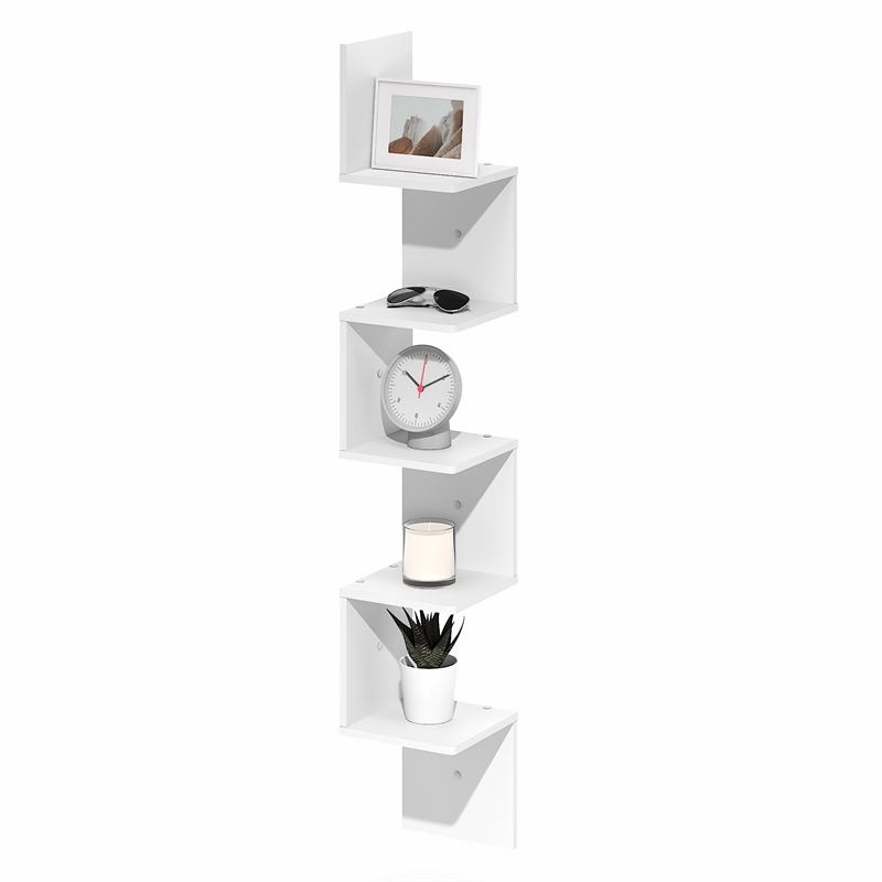 Furinno ROSSI 5-Tier Corner S-shape Radial Floating Bookshelf White