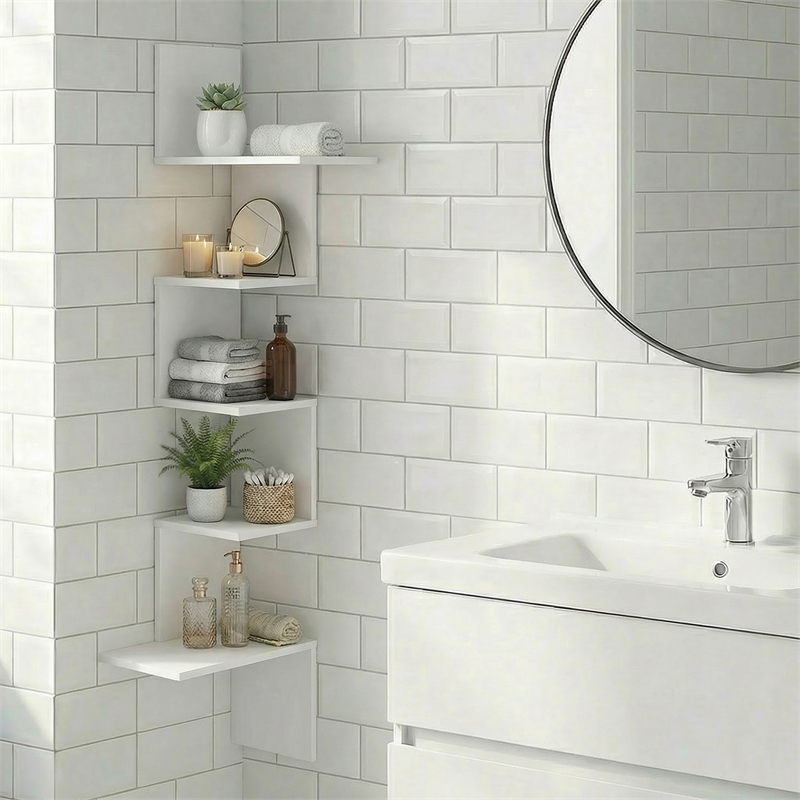 Furinno ROSSI 5-Tier Corner S-shape Radial Floating Bookshelf White