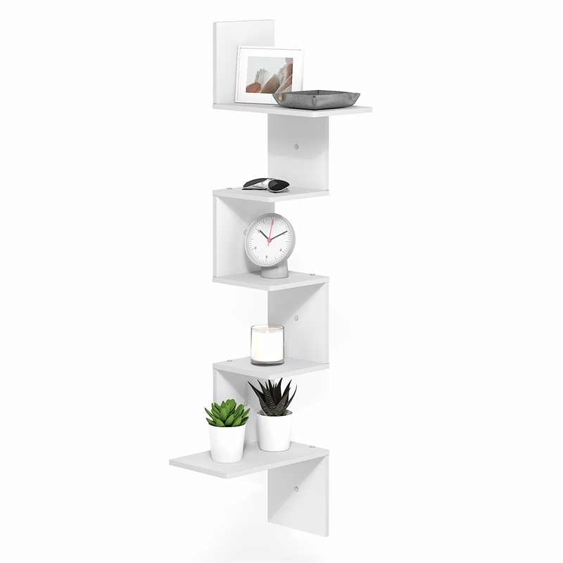 Furinno ROSSI 5-Tier Corner S-shape Radial Floating Bookshelf White