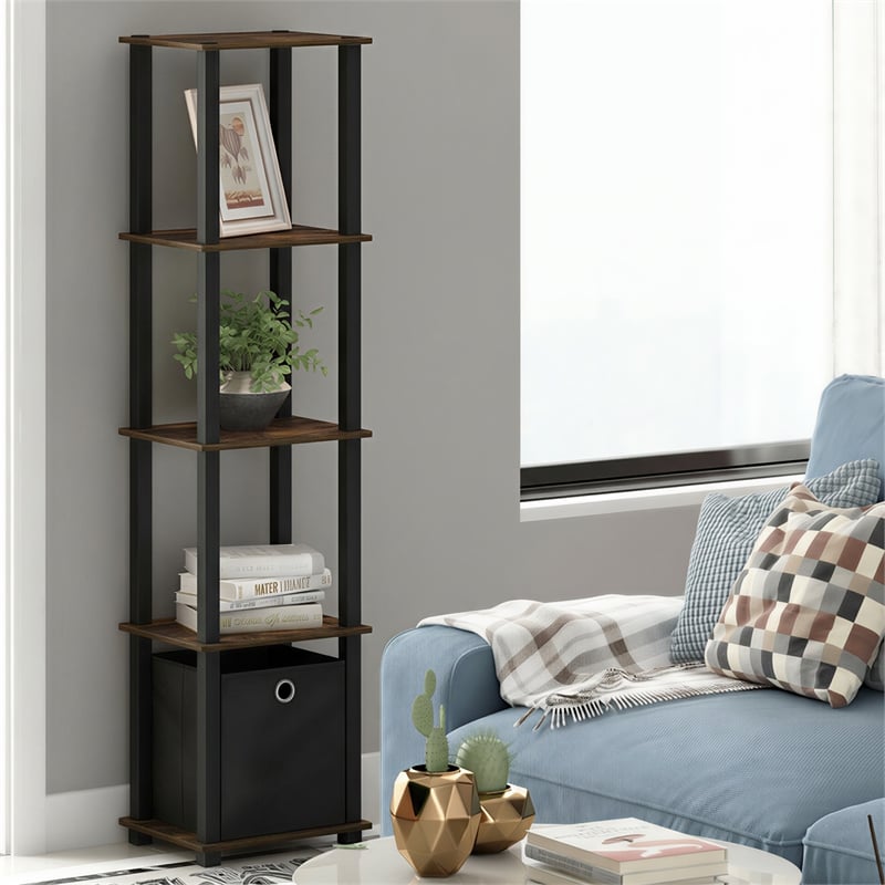 Furinno TURN-N-TUBE 5-Tier Square Open Frame Corner Shelf with Bin Amber Pine