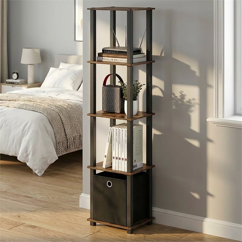 Furinno TURN-N-TUBE 5-Tier Square Open Frame Corner Shelf with Bin Amber Pine