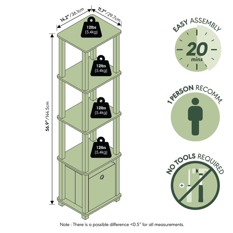 Furinno TURN-N-TUBE 5-Tier Square Open Frame Corner Shelf with Bin Amber Pine