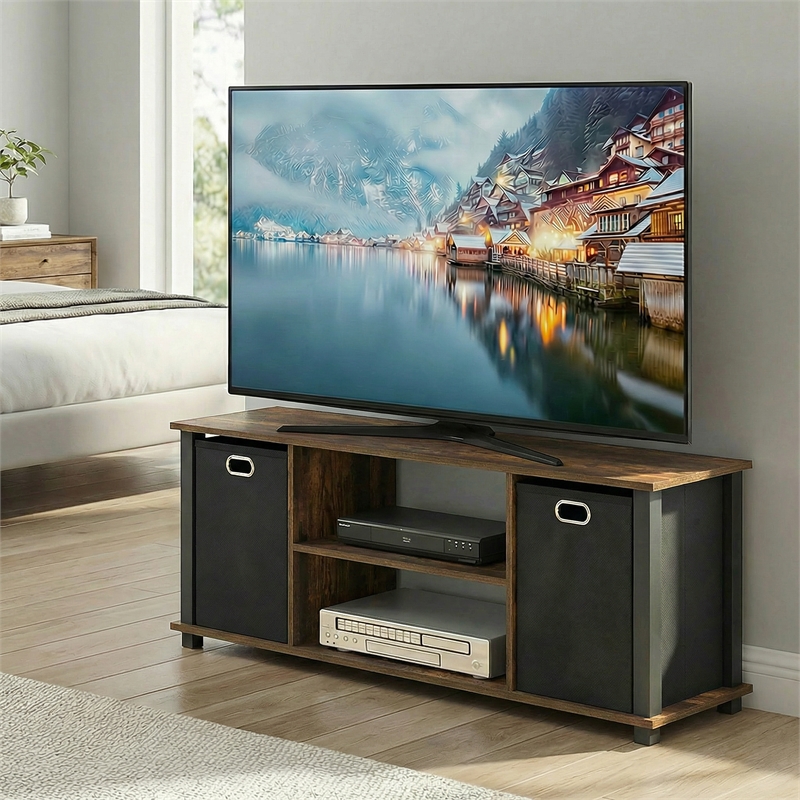 Furinno ECON 3-Tier Entertainment Center with Bins for TV up to 46 Inch Amber Pine