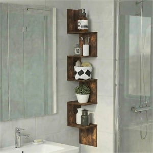 Furinno ROSSI 5-Tier Corner S-shape Radial Floating Book Shelf Amber Pine