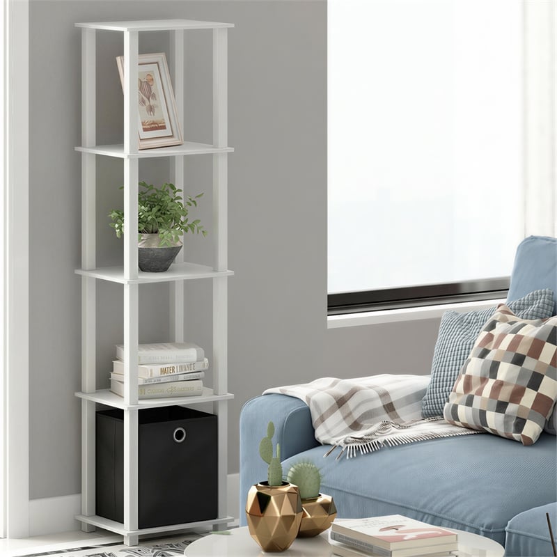 Furinno TURN-N-TUBE 5-Tier Open Frame Corner Display Shelf with Bin White