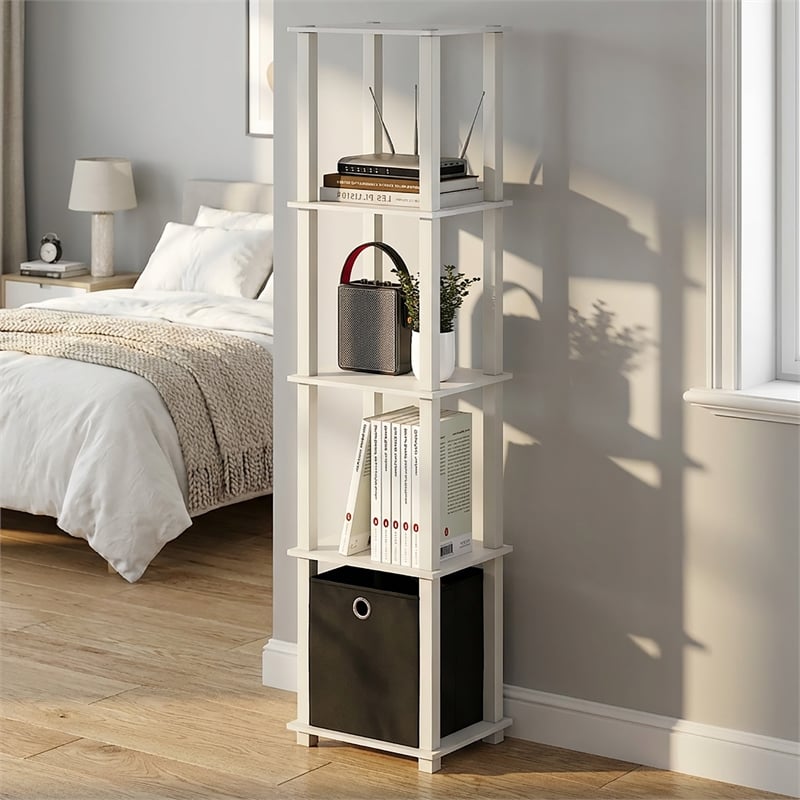 Furinno TURN-N-TUBE 5-Tier Open Frame Corner Display Shelf with Bin White