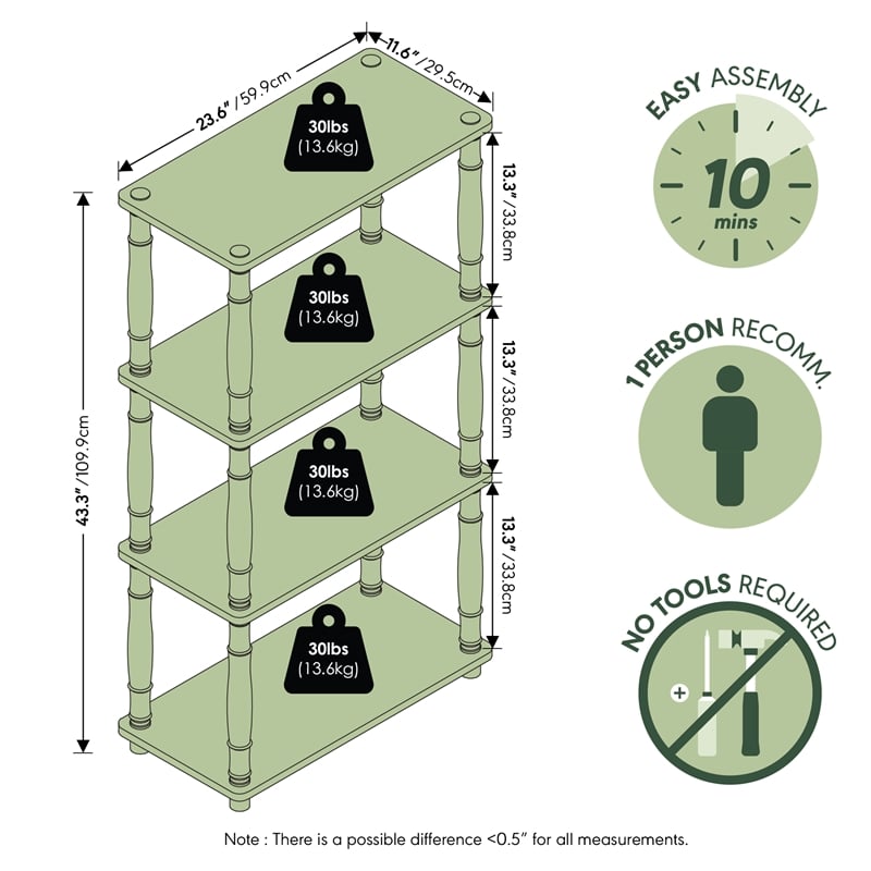 Furinno TURN-N-TUBE 4-Tier Open Frame Corner Toolless Bookshelf White