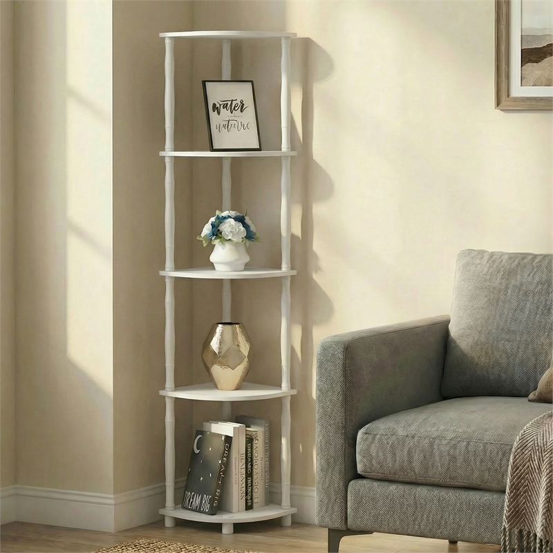 Furinno TURN-N-TUBE 5-Tier Open Frame Corner Toolless Bookshelf  White