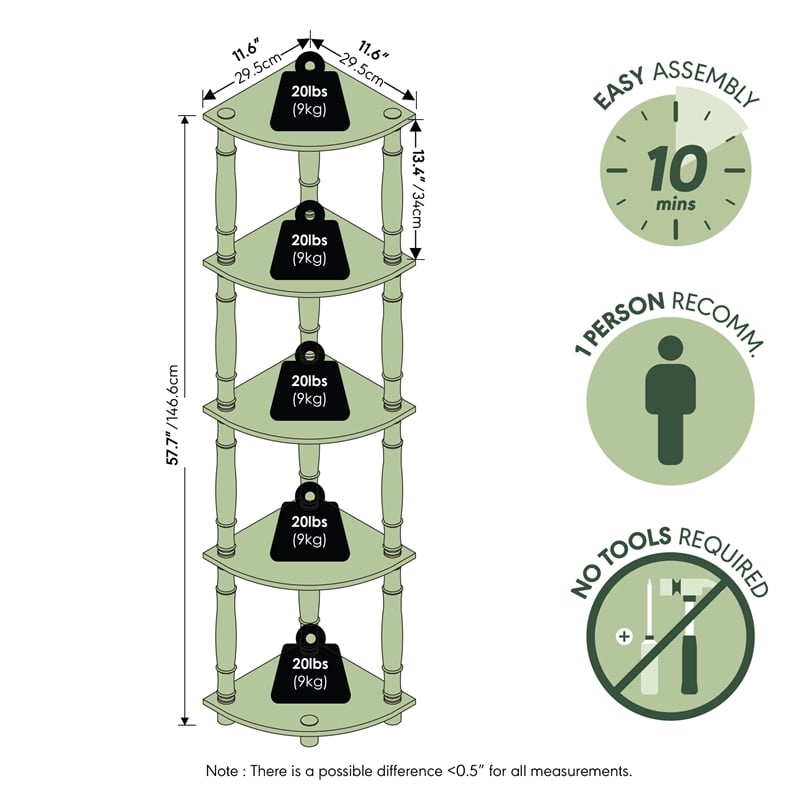 Furinno TURN-N-TUBE 5-Tier Open Frame Corner Toolless Bookshelf  White