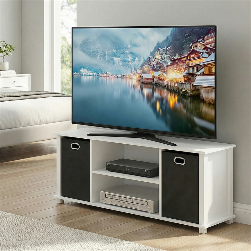 Furinno ECON 3-Tier Entertainment Center with Bins for TV up to 46 Inch White