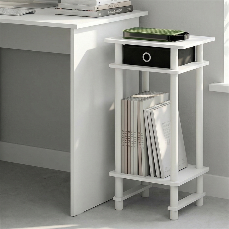 Furinno TURN-N-TUBE 3-Tier Narrow Toolless End Table with Storage Bin White