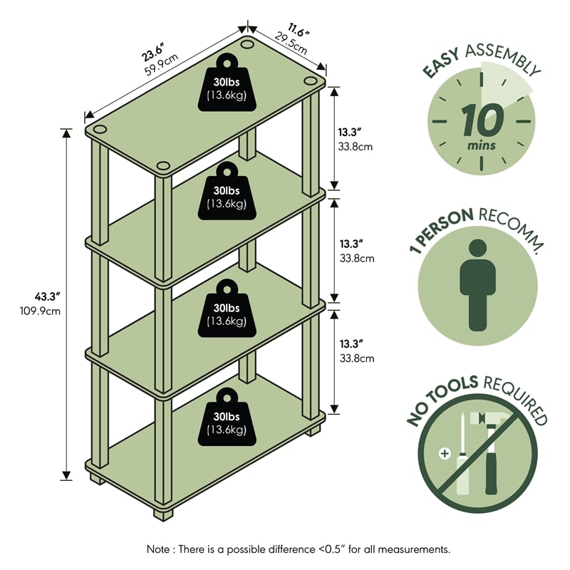 Furinno FULDA 3-Tier Narrow 10-In Width Bookcase 9.3 x 9.8 x 31.5