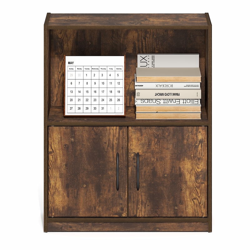 Furinno GRUEN 2-Tier Open Shelf Bookcase with Doors 9.3 x 21.8 x 27 Amber Pine