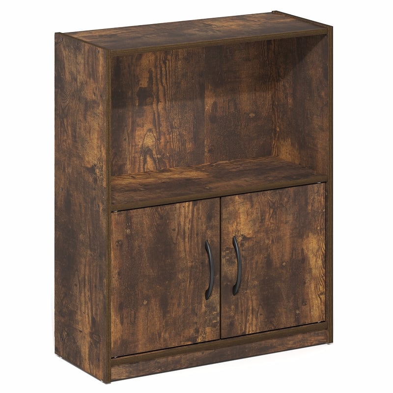 Furinno GRUEN 2-Tier Open Shelf Bookcase with Doors 9.3 x 21.8 x 27 Amber Pine