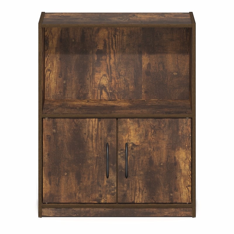 Furinno GRUEN 2-Tier Open Shelf Bookcase with Doors 9.3 x 21.8 x 27 Amber Pine