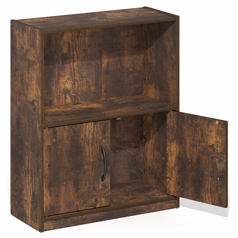 Furinno GRUEN 2-Tier Open Shelf Bookcase with Doors 9.3 x 21.8 x 27 Amber Pine
