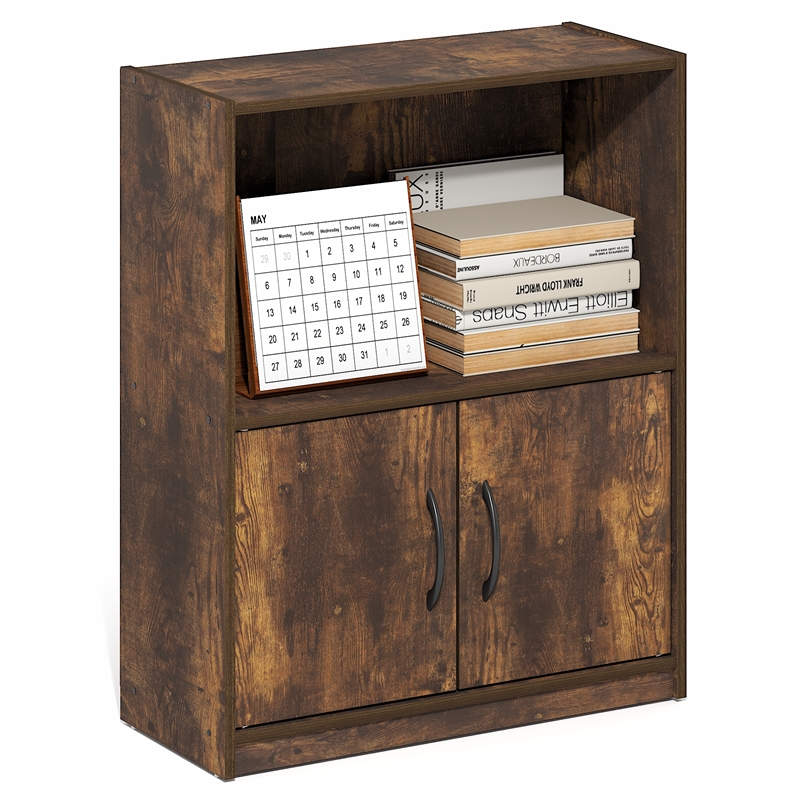 Furinno GRUEN 2-Tier Open Shelf Bookcase with Doors 9.3 x 21.8 x 27 Amber Pine